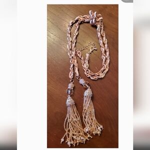 14" Rose Gold Link w/ Pink Leather Beaded Tassel Choker Necklace